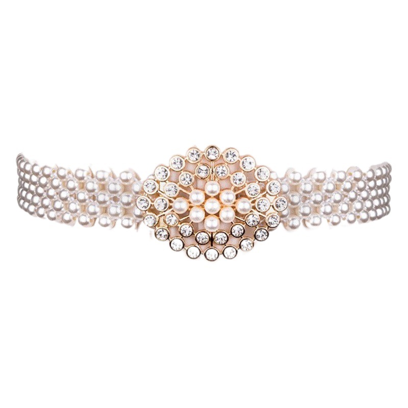 New Fashion Sweet Women's Pearl Beaded Belt with Skirt Wide Elastic Elastic Waist Cover Women's Decorative Belt