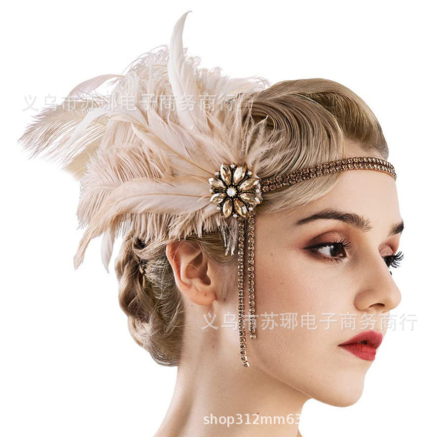 Gatsby European and American 1920 rhinestone Pearl feather hair band nude pink feather head wear bridal masquerade hair accessories