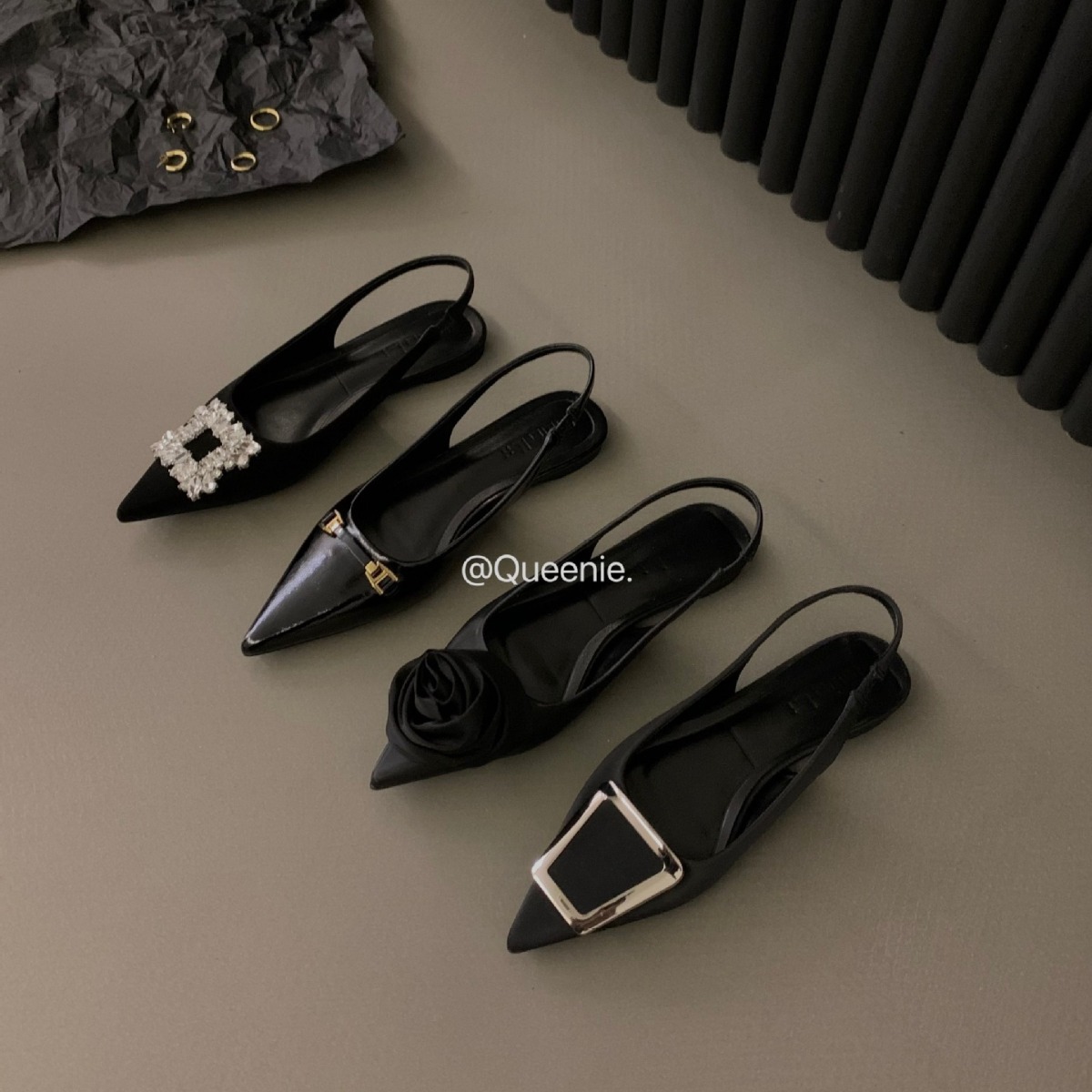 French Flat Black Toe Sandals Fairy Shoes 2023 New Spring and Summer Pointed Rhinestone Elegant Single Shoes