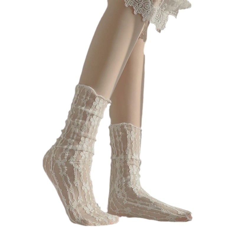 White Lace Piled Socks Children's Curled Mid-Length Socks Summer Thin Mesh Japanese Style jk Flower Lolita Socks
