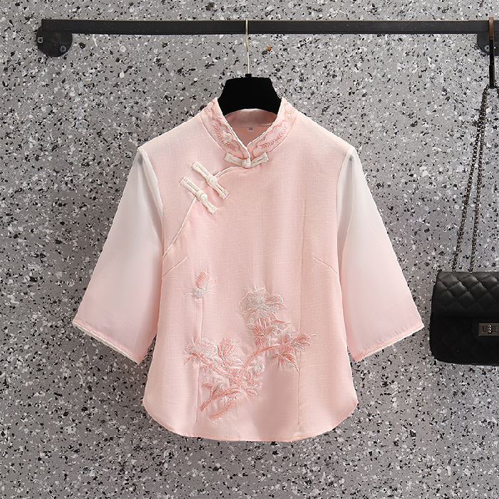 Picture of Vintage Chinese Top Set Large Size Chinese Style Seven-point Sleeve Cheongsam Peony Embroidered Gradient Pants Two-piece Set