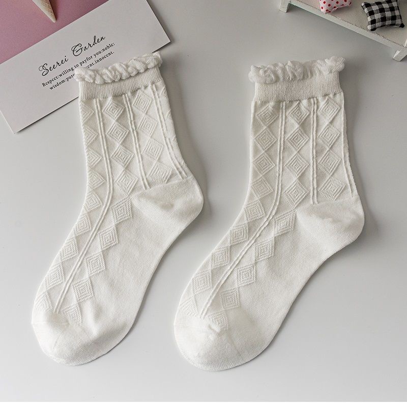 Picture of White Bubble Socks for Women, Mid-Calf Lolita Lace Long Socks, Student Socks, Strawberry Casual Versatile Socks