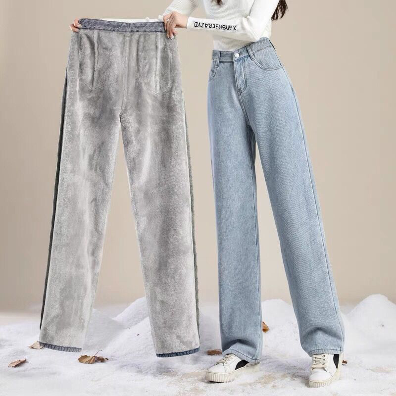 Picture of Fleece-Lined Wide-Leg Jeans Women's Autumn and Winter Warm High Waist Large Size Loose Thickened Straight Dropping Pants