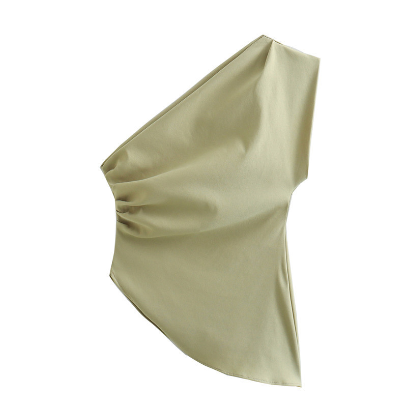 Picture of Amazon Foreign Trade Wholesale 2024 Spring and Summer New Women's Clothing Sexy Solid Color Asymmetrical Pleated Top for Women