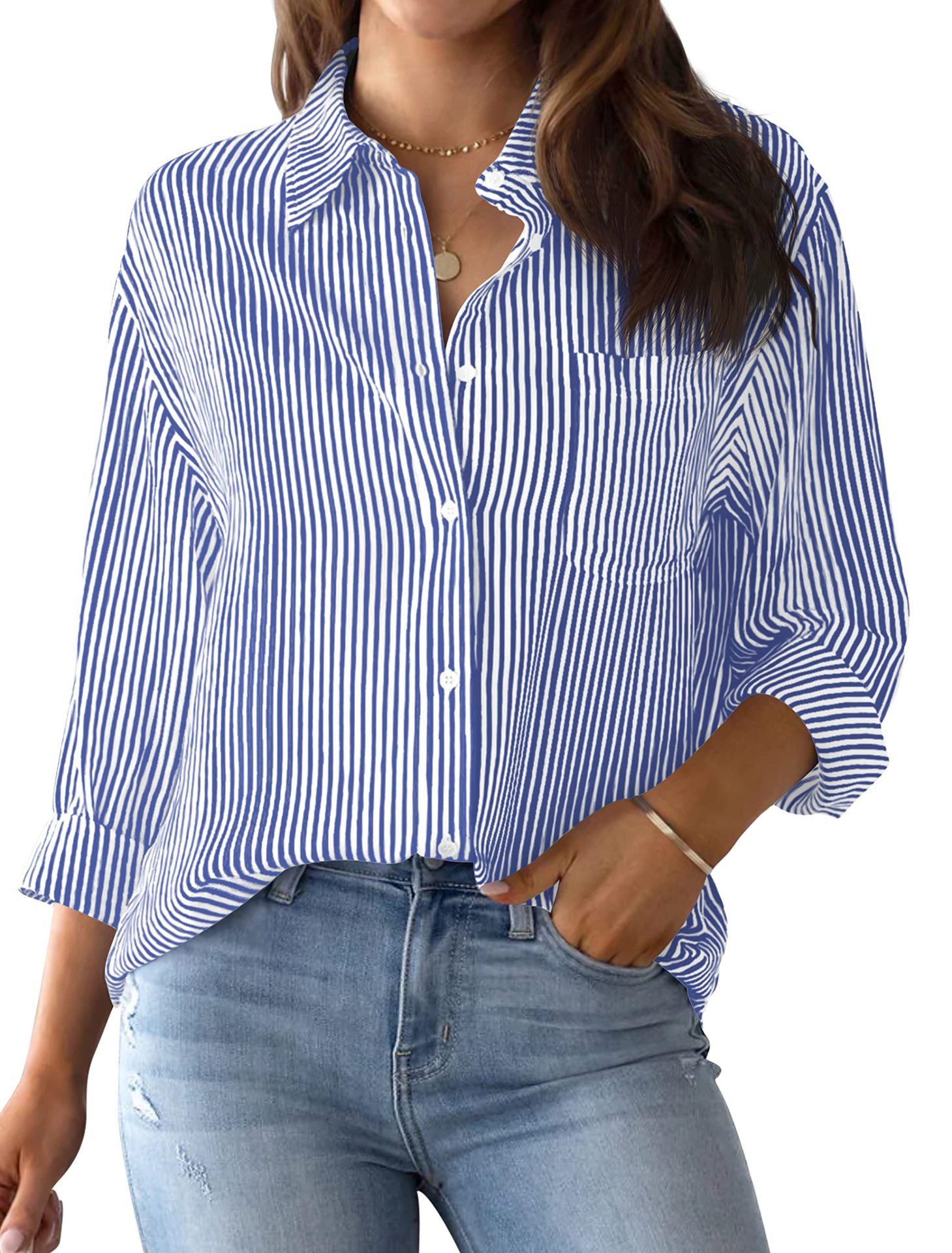 Picture of 2024 Amazon Foreign Trade Cross-border Autumn New Printed Striped Cardigan Top Casual Fashion Long Sleeve Shirt for Women
