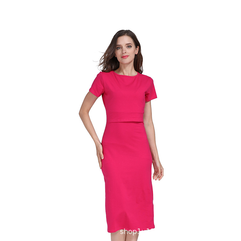 Picture of European and American Summer Fashion Short-sleeved Pregnant Women's dress Elastic Slim-fit Pure Cotton Out-going Postpartum Breastfeeding Skirt plus size Women's Clothing
