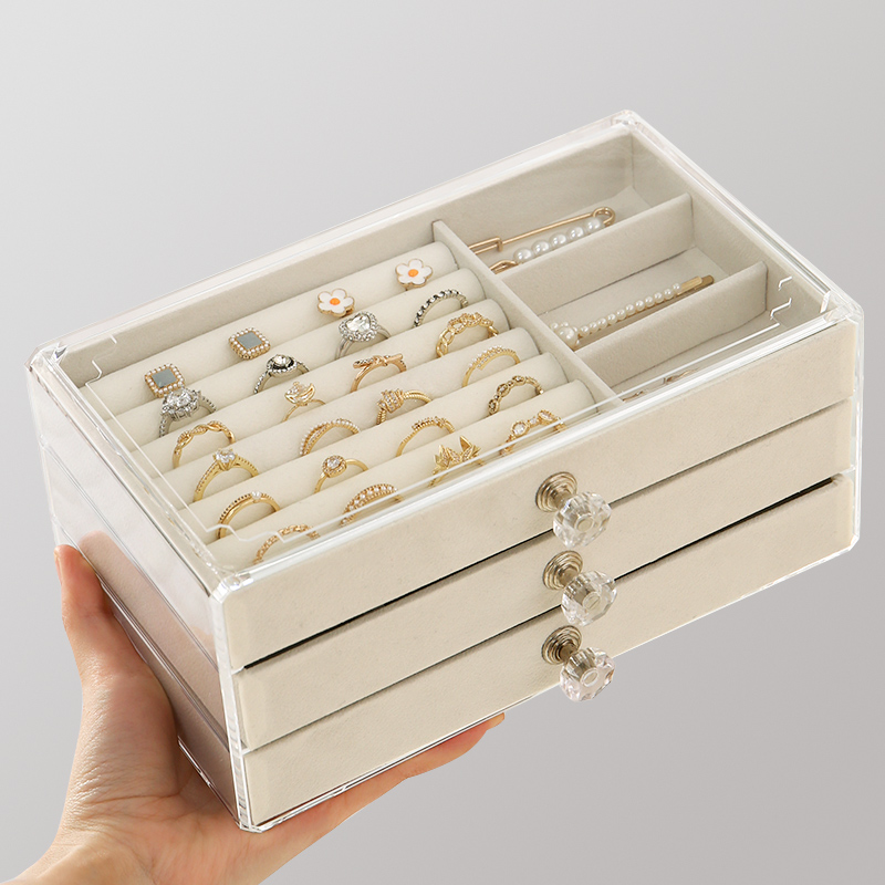 Acrylic gray jewelry box multi-drawer PU leather high-end exquisite portable large-capacity ring necklace jewelry