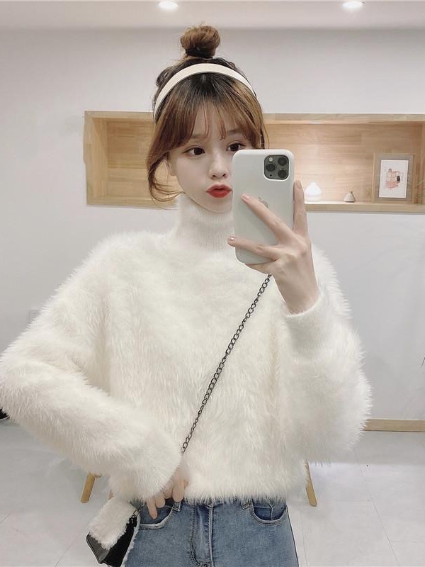 Picture of Thick soft glutinous sweater women's autumn and winter loose pullover inner warm top mink fur half turtleneck bottoming sweater