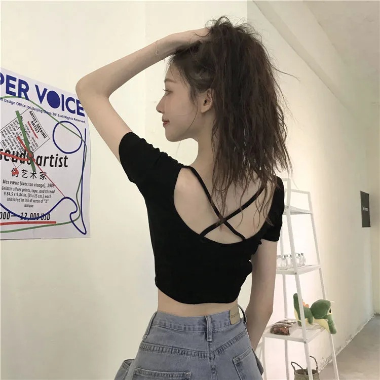 2024 New Internet Trendy Short-sleeved T-shirt Women's Summer Ins Super Hot Back Hollow-out Slim-fit Slim-fit Short Trendy Backless Top