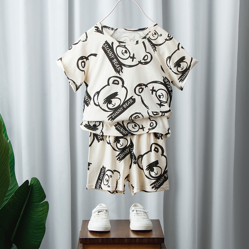 Picture of Korean-style Breathable Pure Cotton Short-sleeved Suit Children's Sweat-absorbent Thin Summer Clothes for Boys and Girls Home Clothes T-shirt Shorts for Baby