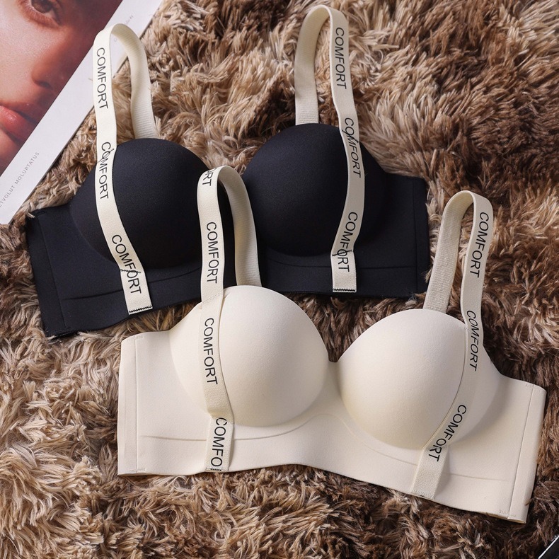 Small Chest Large Underwear Women's Traceless Push-up Bra Maillard Color Underwear Set English Letter Bra