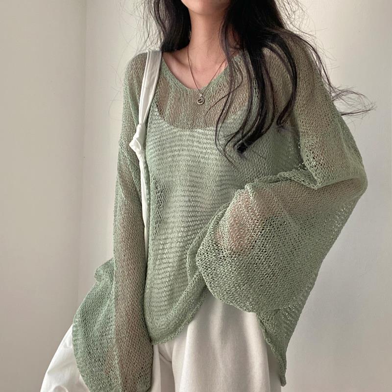 Picture of Korean Chic Summer French Retro Lazy Style Loose Long-Sleeved Cut Out Thin Knitted Sun Protection Blouse Top for Women