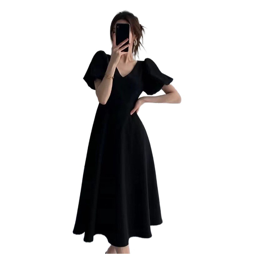 Large Size Chubby Girl French V-neck Hepburn Style Wine Red Dress Women's Summer Puff Sleeve Slim Belly Covering Long Dress