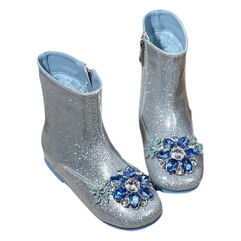 Children's boots 2024 autumn and winter new girls rhinestone Princess Aisha boots big children's fleece-lined warm shoes short boots