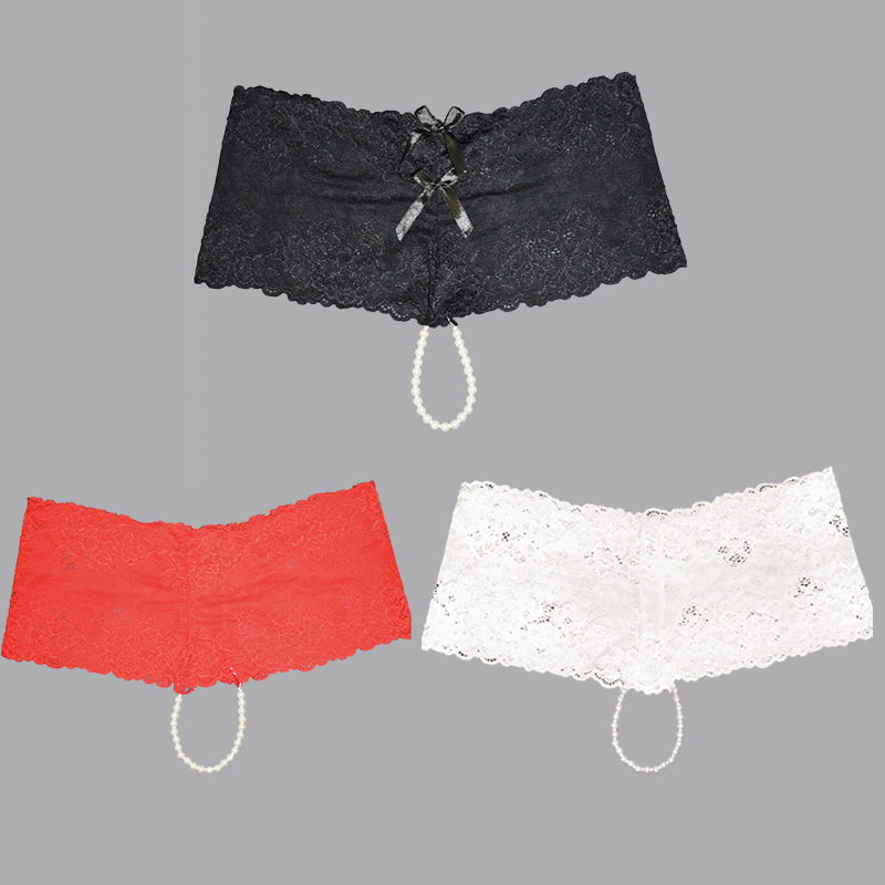 European and American Foreign Trade Sexy Bow Sexy Boxer Briefs Lace with Pearl Open thong Female 6043