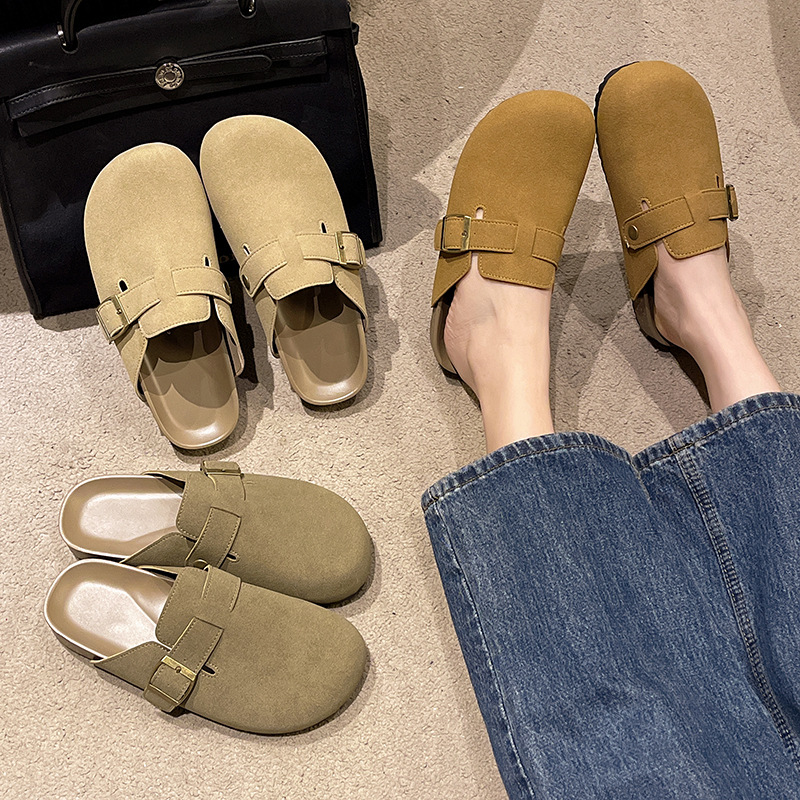 Birkenth Shoes Women's 2024 New Spring and Summer Lazy Casual Baotou Half Slippers Soft Bottom Genuine Leather Flat Birkenth Sandals
