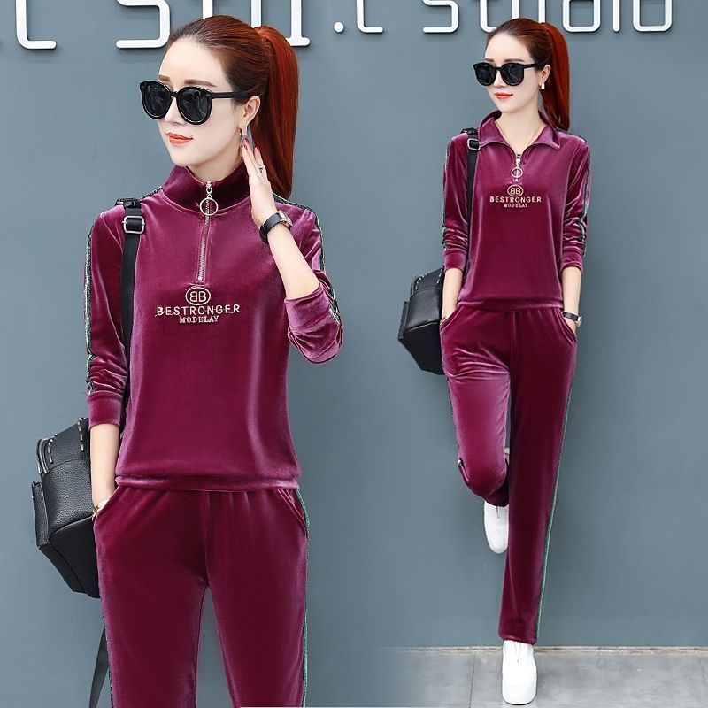 873# gold velvet suit women's fashion 2023 new spring and autumn European and American stand collar casual sportswear sweater two-piece set