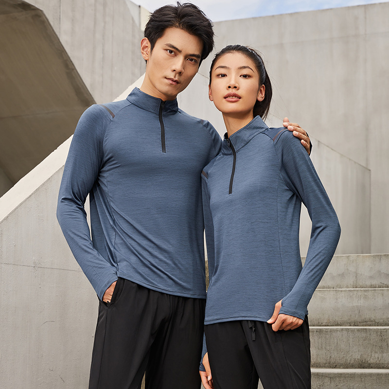 2024 New Stretch Collar Half Open Chest Zipper Fitness Clothes Men's Sports Long Sleeve T-shirt Tight Clothes Fitness Clothes