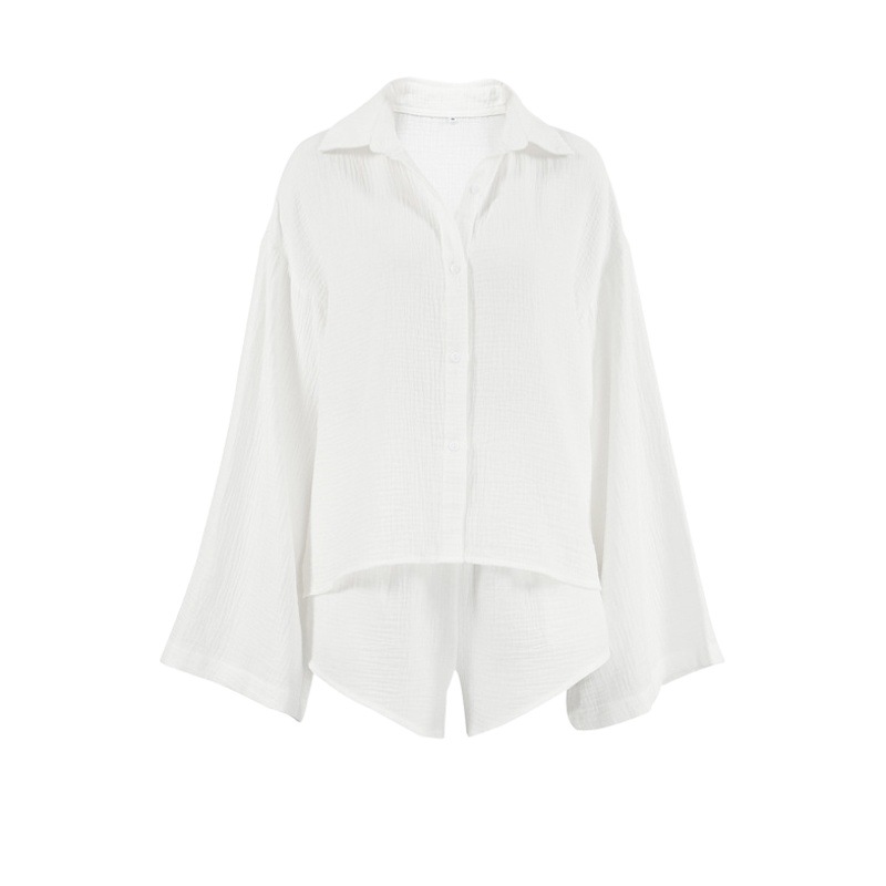 European and American autumn white cotton thin long-sleeved shorts two-piece pajamas cross-border new casual comfortable home wear