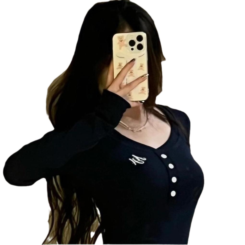Autumn 2023 New Slim-fit Long-sleeved Top Button Knitted Semi-open Collar Academy Style Base Shirt Top Women's Trendy