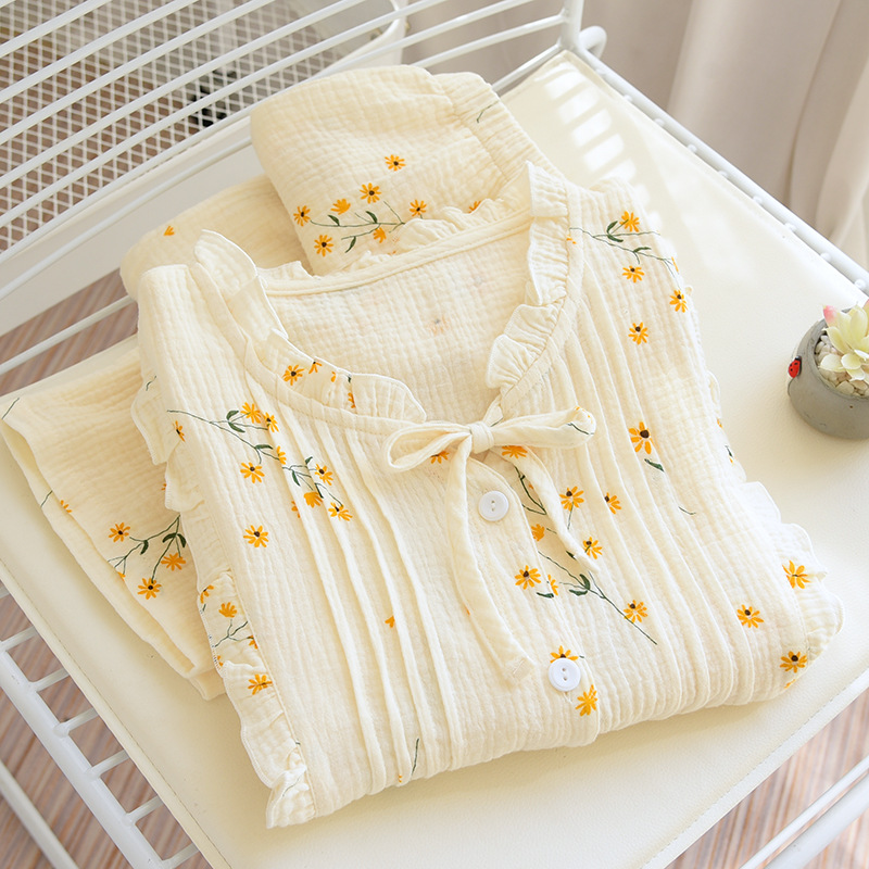 Pajamas Pure Cotton Women's Summer Thin Spring and Autumn Long-sleeved Trousers Cotton Yarn Double-layer Cotton Gauze Long Home Clothes suit