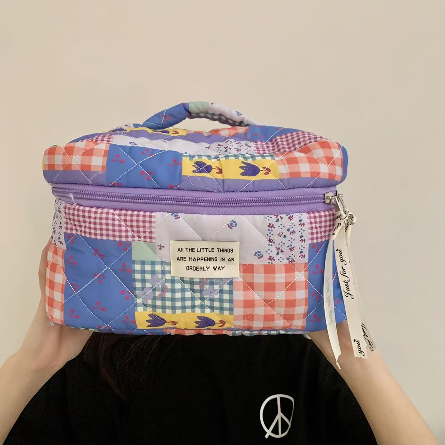Purple Stitching Flower Cosmetic Bag Travel Portable Fresh Hand Wash Bag High Color Value Skin Care Storage Bag