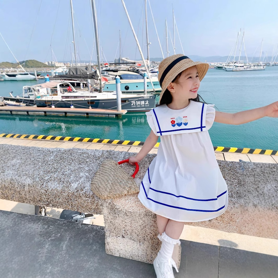 Girls dress summer new academic embroidery flower large lapel princess skirt children a generation of hair