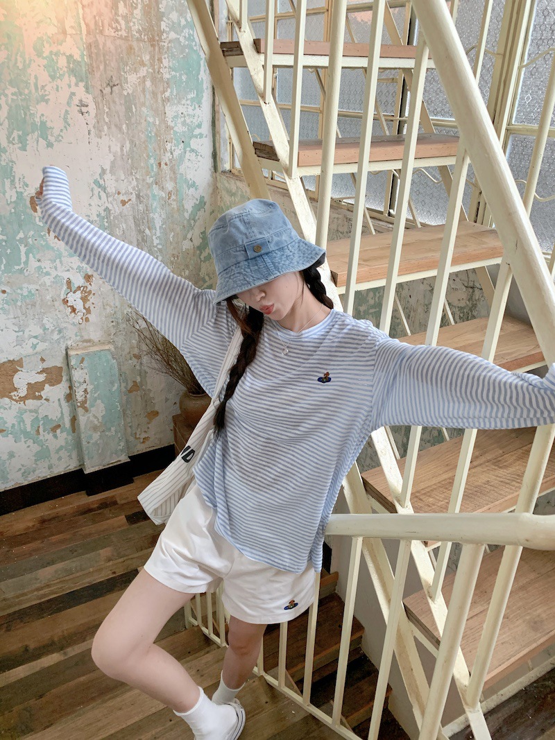 Salt Casual Women's Clothing Contrast Color Striped Long-sleeved T-shirt Sunscreen Blouse Summer Niche Embroidered Loose Thin Top