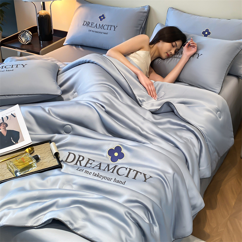 Picture of Class a Washed Ice Silk Summer Quilt Four-Piece Set of Summer Cool Quilt That Can Sleep Naked, Embroidered Air-Conditioned Quilt, Cool Silk Summer Thin Quilt