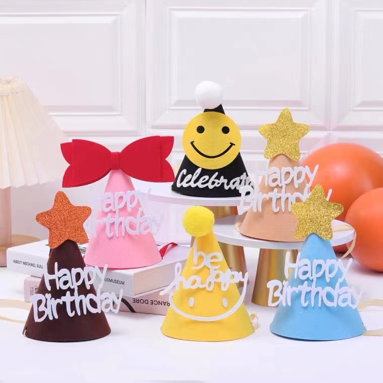Pink Bow Pointy Birthday Hat Felt Hair Hoop Smiley Korean Style Party Non-woven Small Pointy Hat Ins Dress Up
