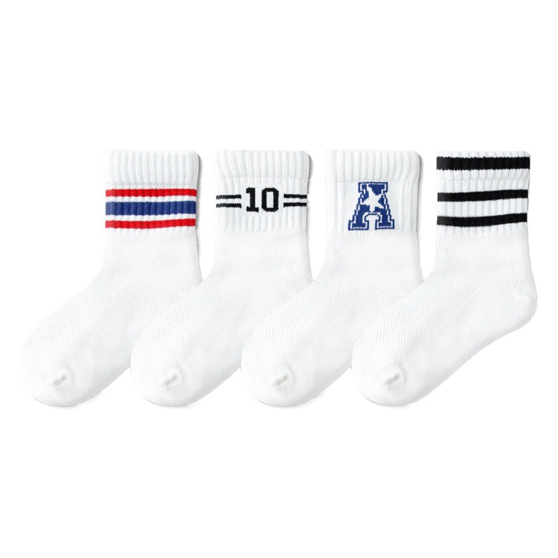 School Boys and Girls White Socks Four Seasons Breathable Student Sports White Socks Letter Striped Middle and Big Kids Socks