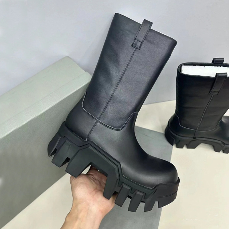 Paris Bulldozer Boots Boots Women's 2024 Autumn and Winter New Tank Thick Sole Increased Cowhide Mid-Calf Western Boots