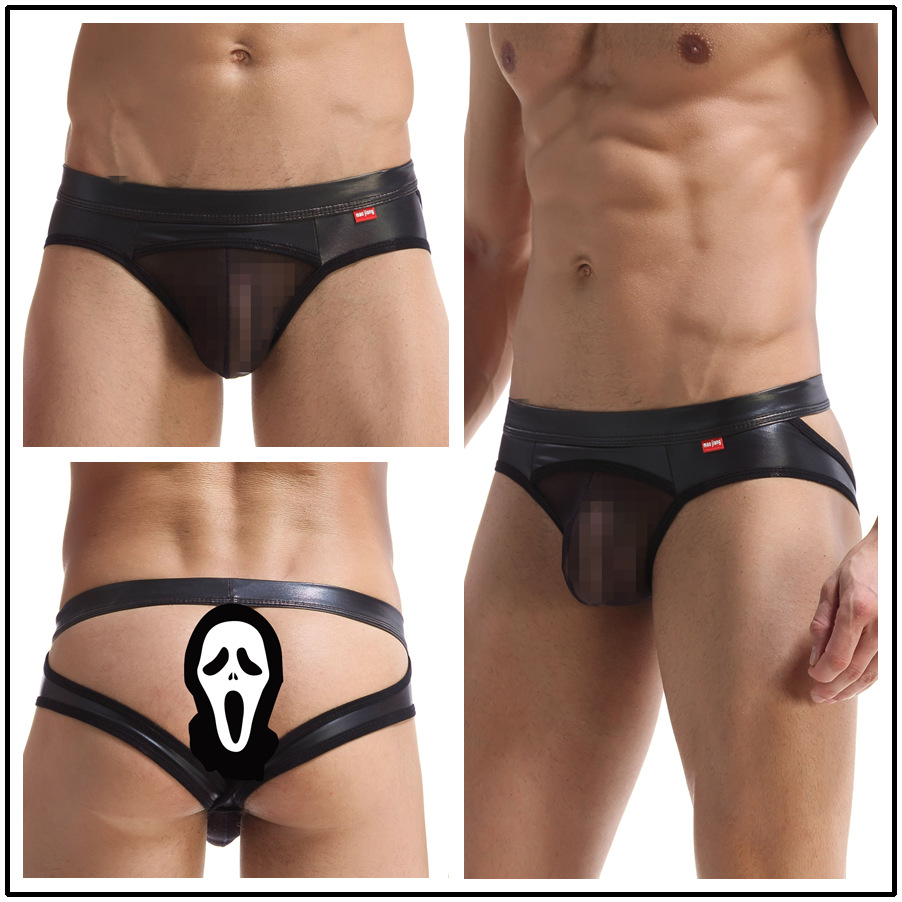 New Sexy Men's Underwear Faux Leather Patent Leather Casual Motorcycle Mesh Sport Cross-Border Double Thong