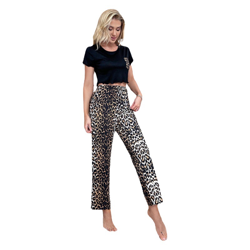 Amazon Export Pajamas for Women Spring and Summer Waistless Short-Sleeved Leopard Print Pants Home Clothes Set Cross-Border Independent Station Ebay