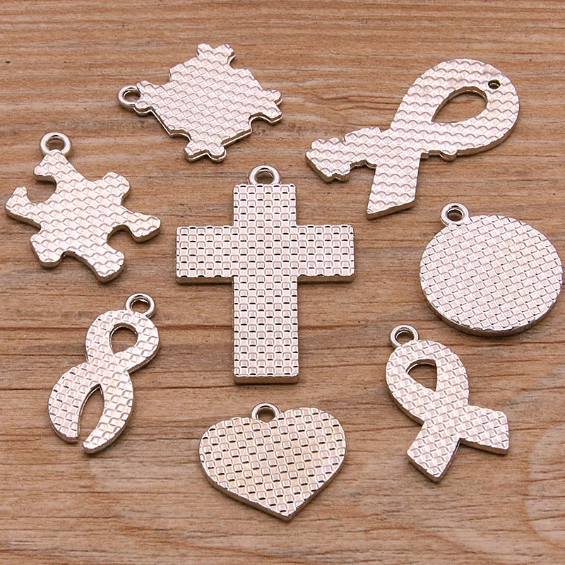 Picture of 8 Styles, 2 Colors DIY Alloy Jewelry Contrasting Color Puzzle Autism Pendant Round Heart Puzzle Asymmetrical Pendant