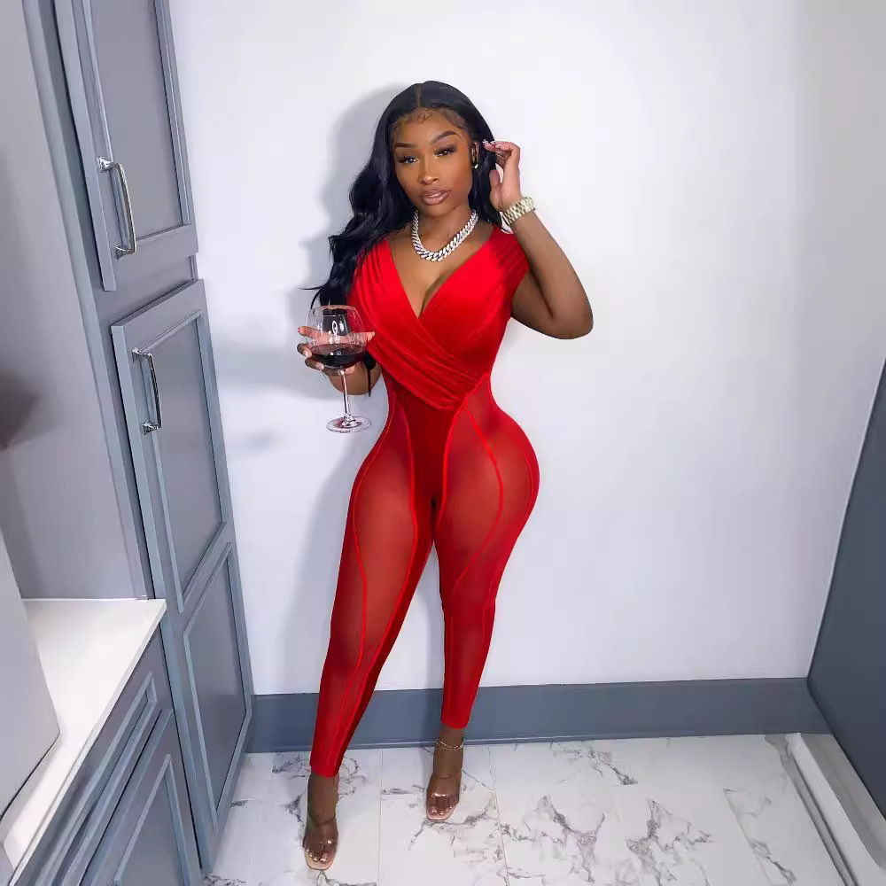 African sexy see-through romper gauze Korean velvet sexy tight nightclub jumpsuit