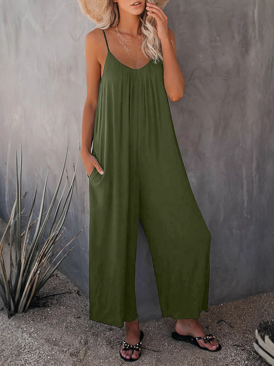 Amazon Europe and America 2025 New Summer Women's Pants Cross-Border Pure Color Pocket Loose Casual Suspender Jumpsuit