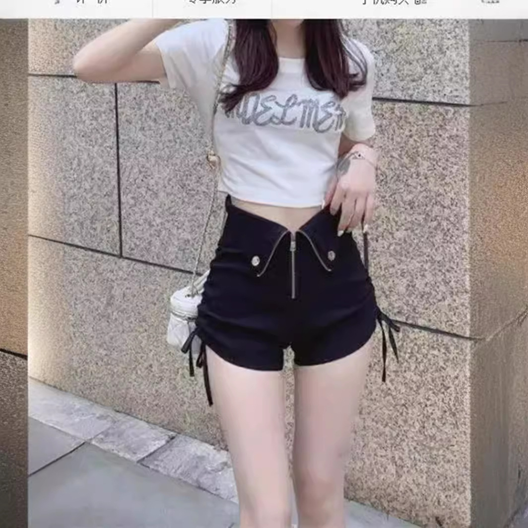 Super High Waist Drawstring Black Shorts Women's Summer Hot Girl Design Sense Niche Small A Character Super Short Hot Pants Tide