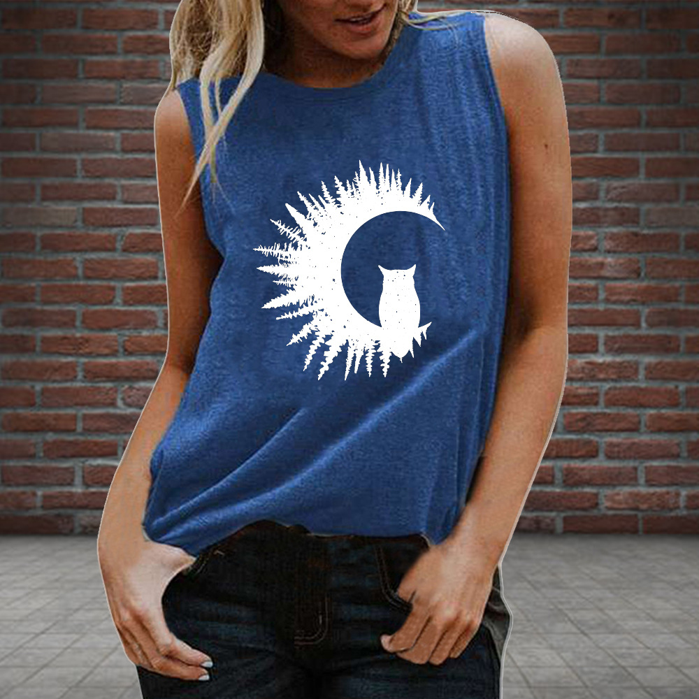 Spring 2020 Cross-border New Forest Moon Owl Printed Pattern Ladies T-Shirt Sleeveless Vest 10602
