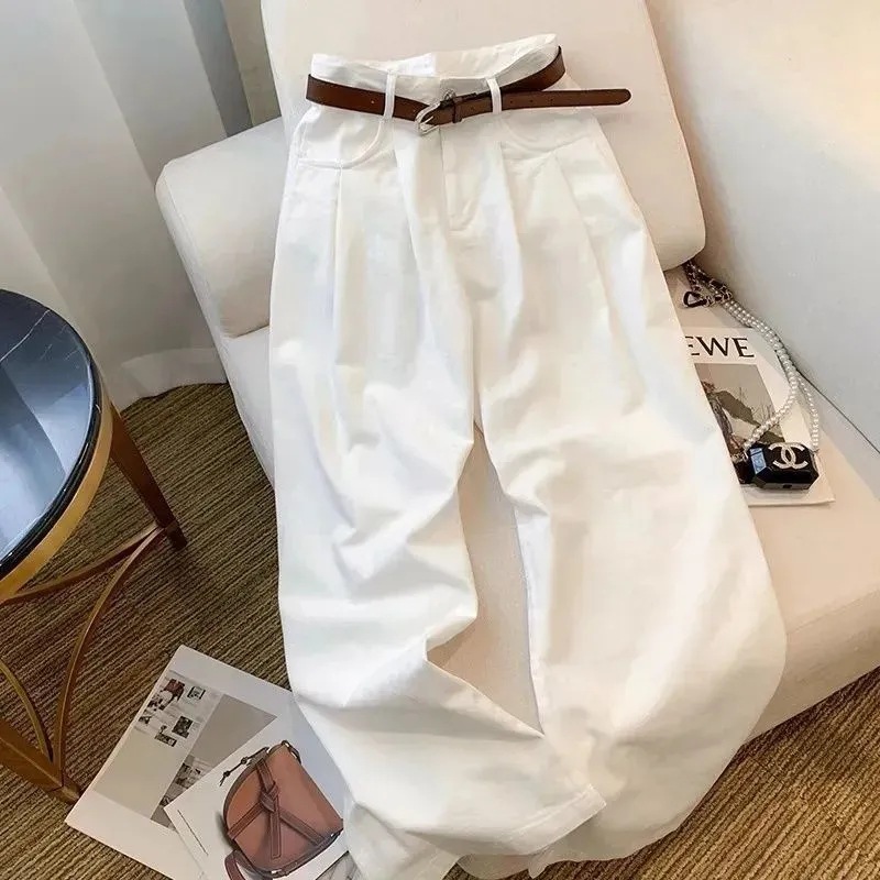 2025 White Wide-Leg Jeans for Women Spring and Autum New Korean Style Loose High-Waisted Straight-Leg Draped Floor-Length Pants