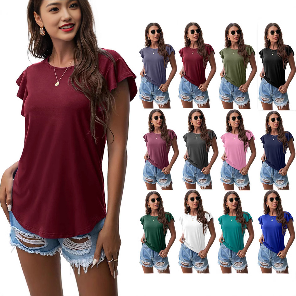 European and American 2024 New Women's Top Amazon eBay Independent Station Explosions Round Neck Lotus Leaf Short Sleeve T-Shirt for Women