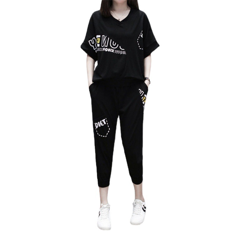 Summer 2024 New Korean-style plus size chubby girl Fashion Age-reducing Running Sportswear Women's Short-sleeved Capri Pants Two-piece Set