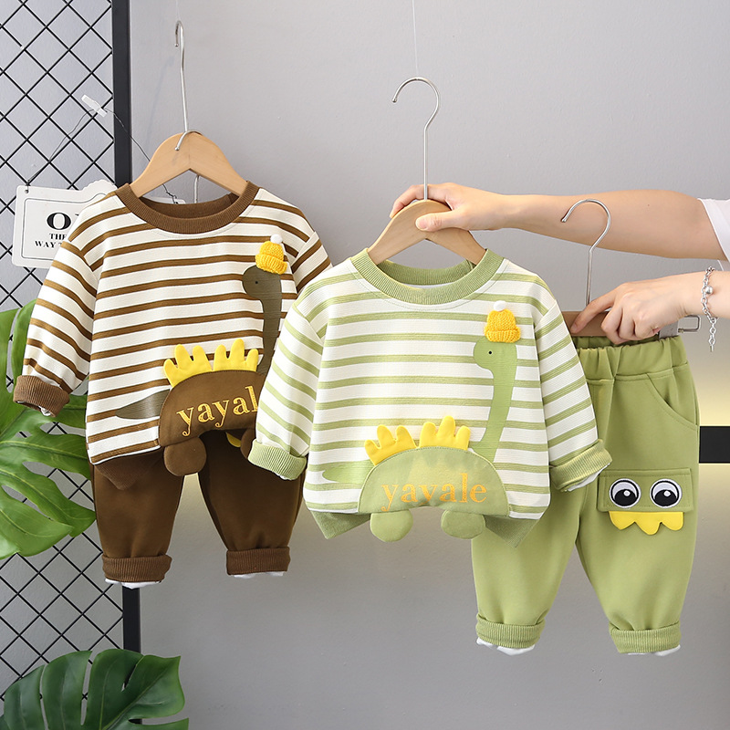 Boys' Western Style Autumn suit Spring and Autumn New Children's Fashionable Handsome Striped Hat Dinosaur Long Sleeve Two-piece Set