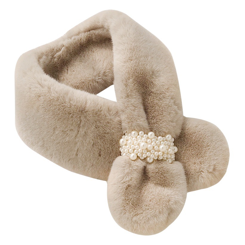 Autumn and Winter New Pearl Wool Plush Scarf Women's Pearl Buckle Cross Thickened Faux Fur Rex Rabbit Fur Scarf All-match