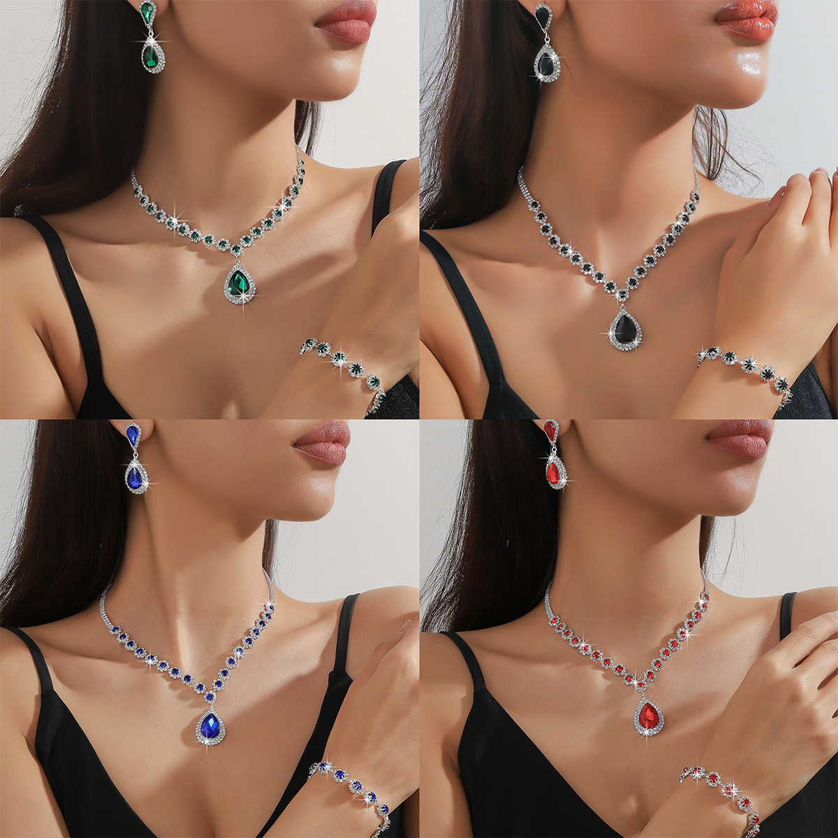 European and American fashion green blue red rhinestone necklace earrings bracelet suit Amazon explosions color full diamond three-piece set