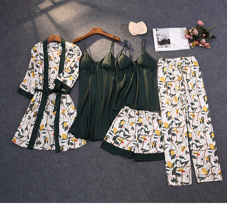 Cross-border women's five-piece sexy pajamas with Cup imitation silk pajamas in stock wholesale