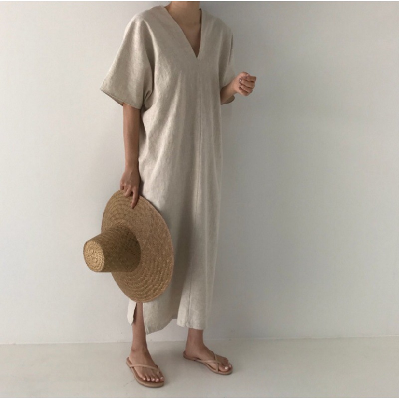 2023 Amazon independent station new casual loose cotton linen dress long short sleeve round neck dress women