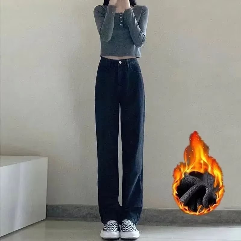 Loose Black Straight-leg Jeans Women's Winter 2024 New All-match fleece-lined Thickened High Waist Slim-fit Wide-leg Pants