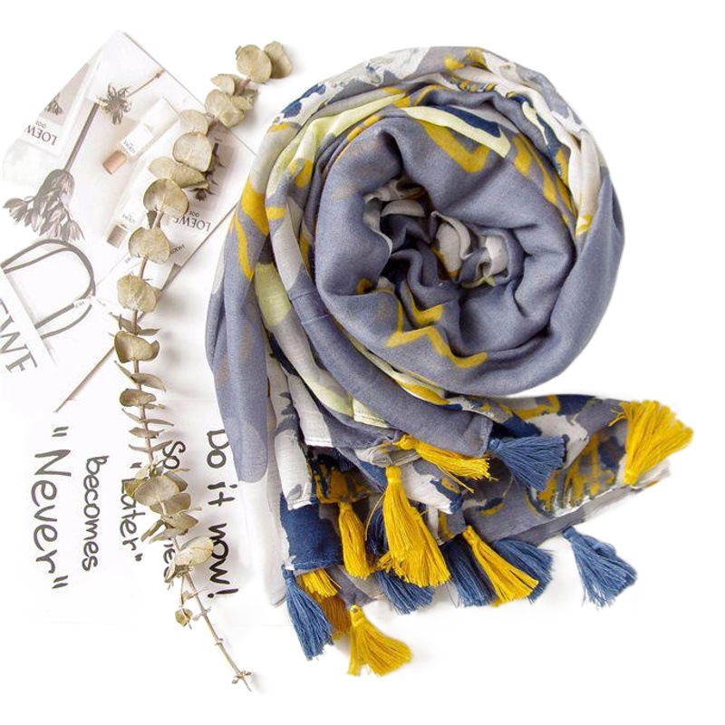 Grey Abstract Cotton and Linen Scarf Women's Autumn and Winter Korean Style navy blue Graffiti Flower Long-sized Dual-use Shawl