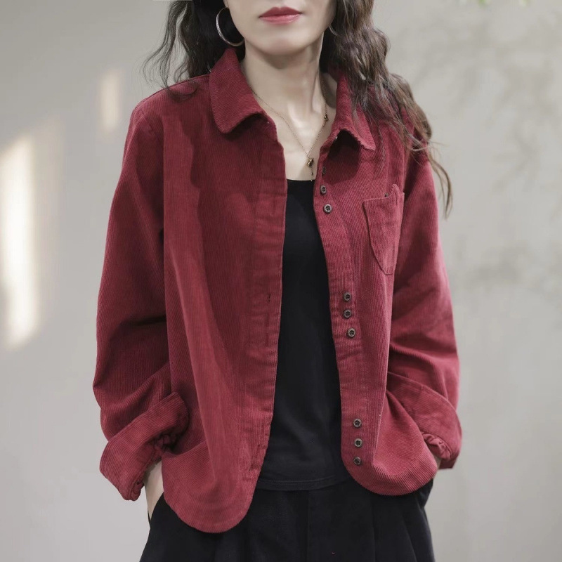 2024 Spring and Autumn New Shirt Fashion Casual Western Style Loose All-match Long Sleeve Lapel Corduroy Shirt Cardigan Women